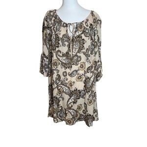Roaman’s Plus Brown Boho Lightweight Tunic Blouse 20W Bohemian Paisley Tie Front